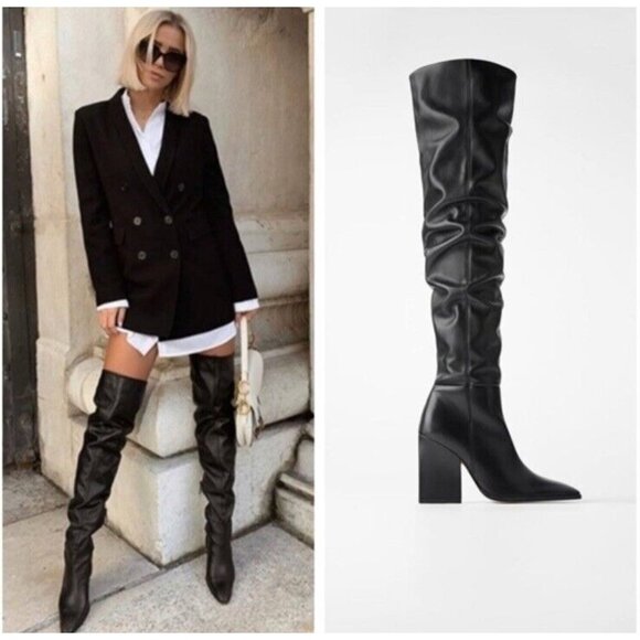 Zara Shoes - Zara Black Leather Over The Knee Heeled Boots Sz 40 Sz 9.5